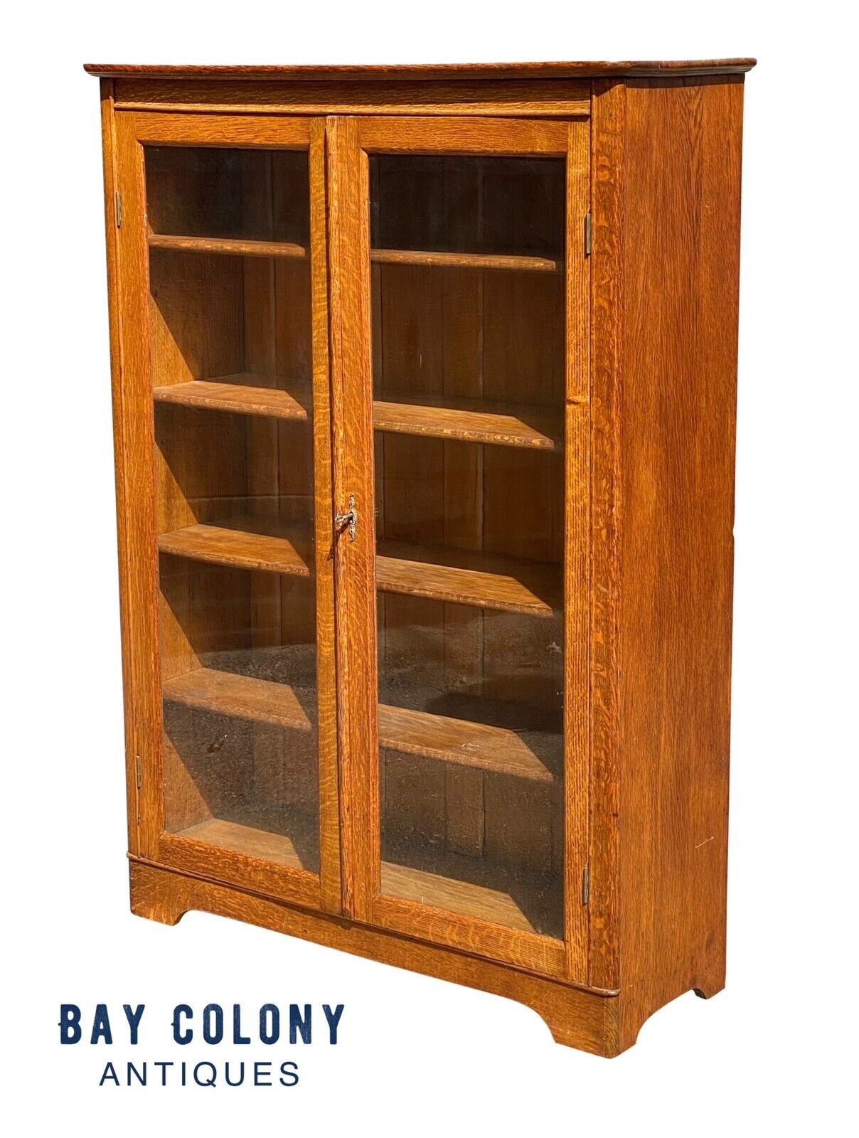 20th C Antique Tiger Oak Larkin Double Glass Door Bookcase / China Cabinet