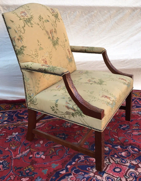 FABULOUS ANTIQUE CHINESE CHIPPENDALE LIBRARY LOLLING CHAIR-MINT GOLD SILK FABRIC