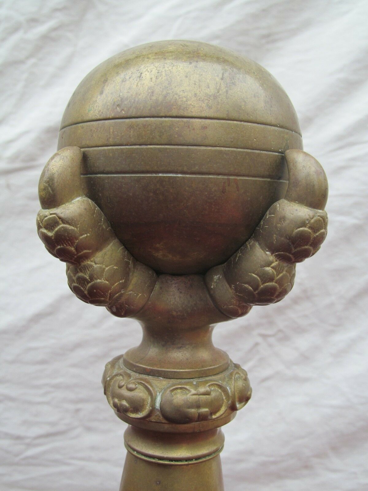MONUMENTAL ANTIQUE CHIPPENDALE BALL & CLAW FIREPLACE ANDIRON SET W/ FENDER BAR