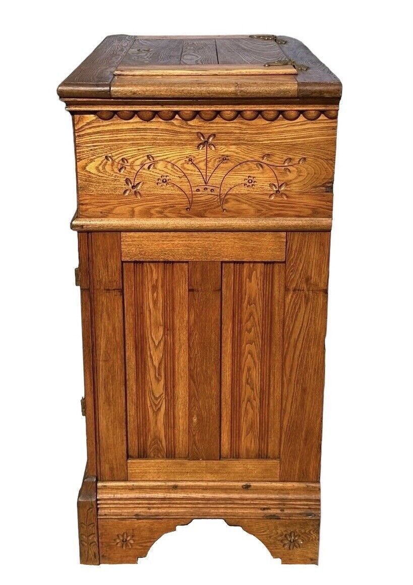 Victorian Oak Floral Carved Ice Chest With Zinc Lining & Phoenix Head Hardware