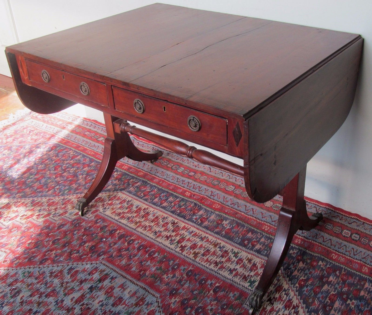 18thC REGENCY PERIOD MAHOGANY W/ ROSEWOOD & EBONY CROSS BANDED INLAID SOFA TABLE
