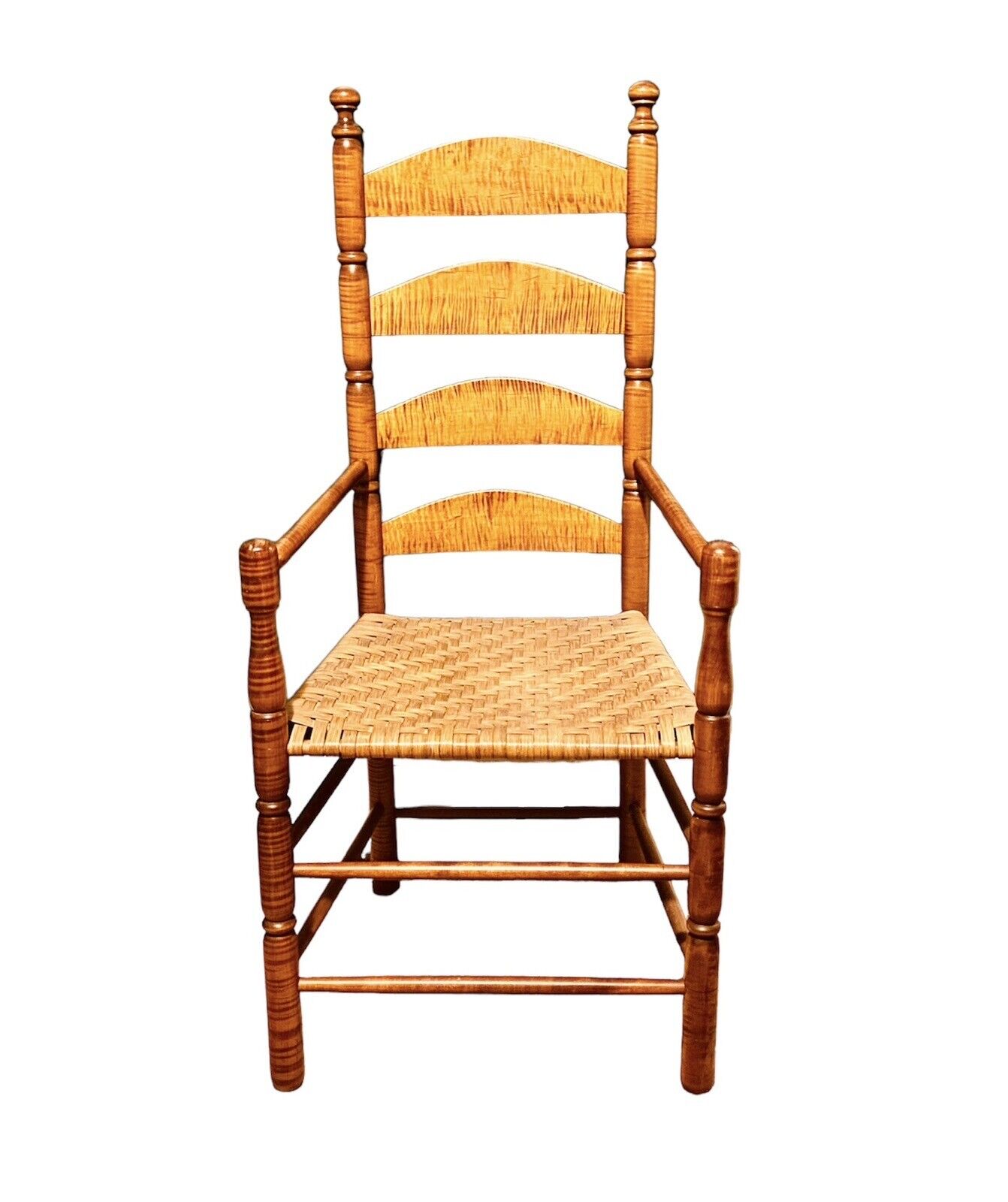 Vintage Pair of William & Mary Style Tiger Maple Ladder Back Armchairs