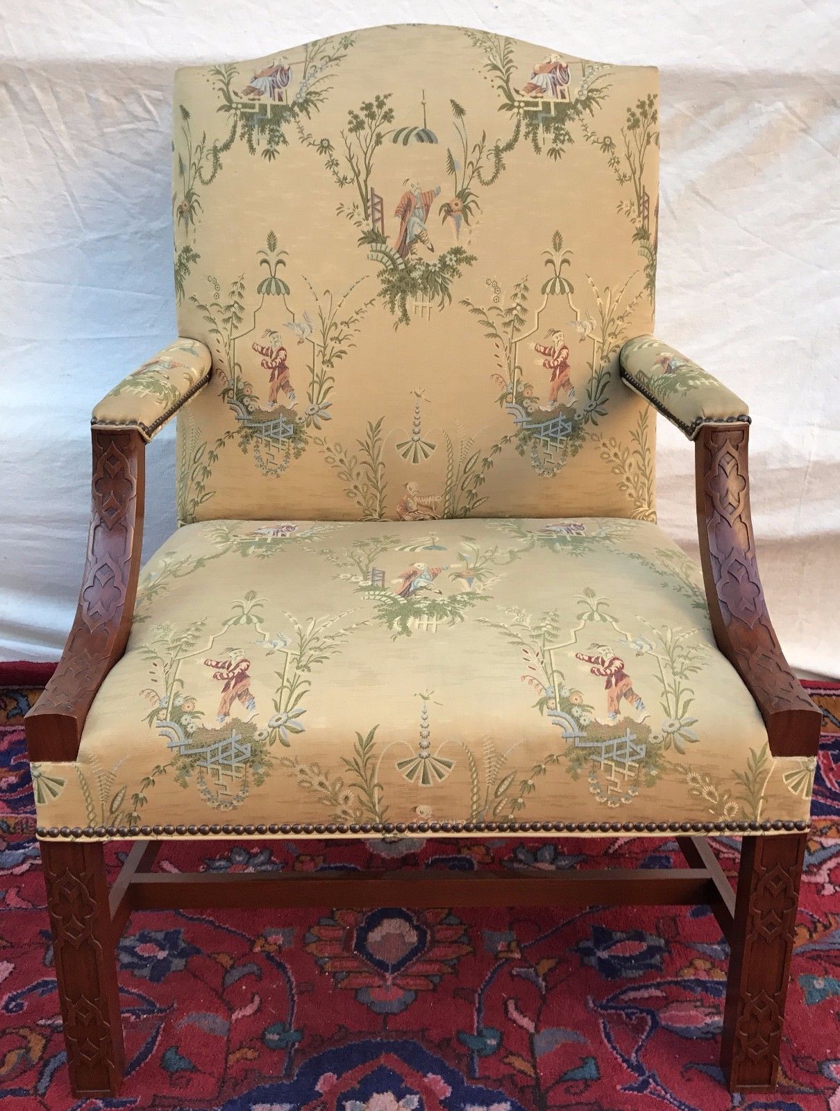 FABULOUS ANTIQUE CHINESE CHIPPENDALE LIBRARY LOLLING CHAIR-MINT GOLD SILK FABRIC