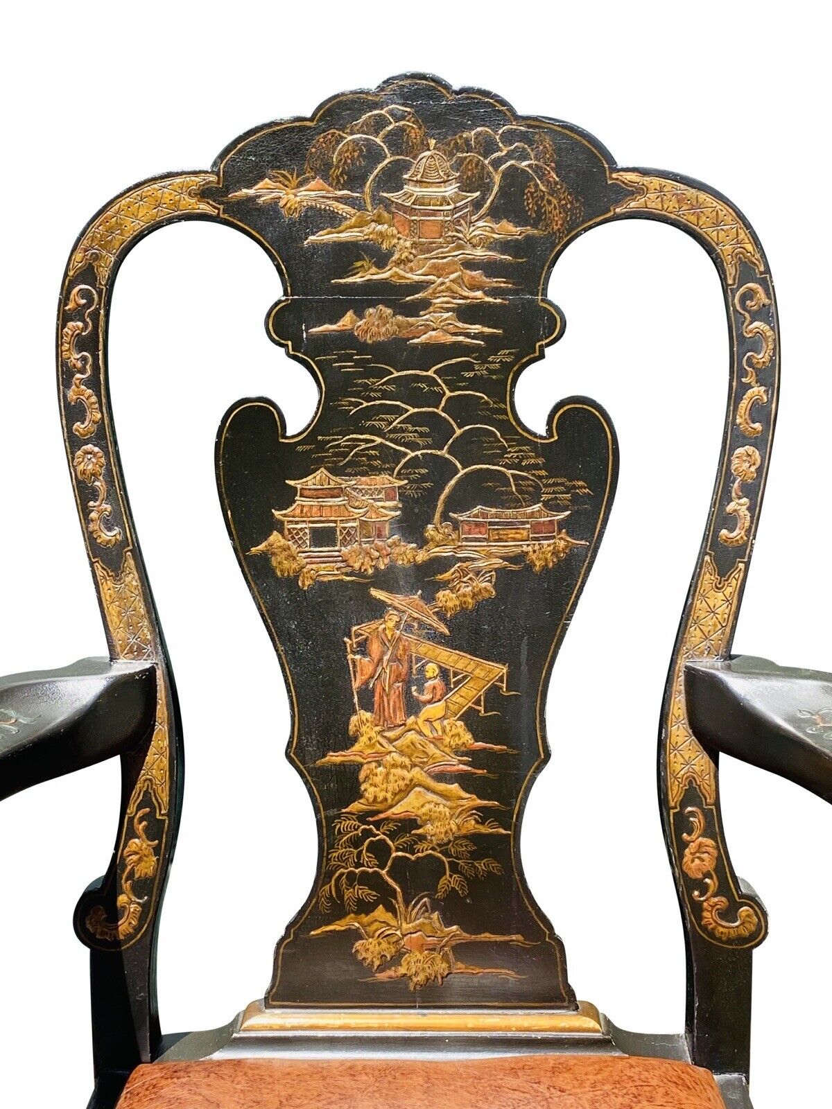 20TH C CHINESE CHIPPENDALE ANTIQUE STYLE DESK CHAIR - CHINOISERIE PAINT