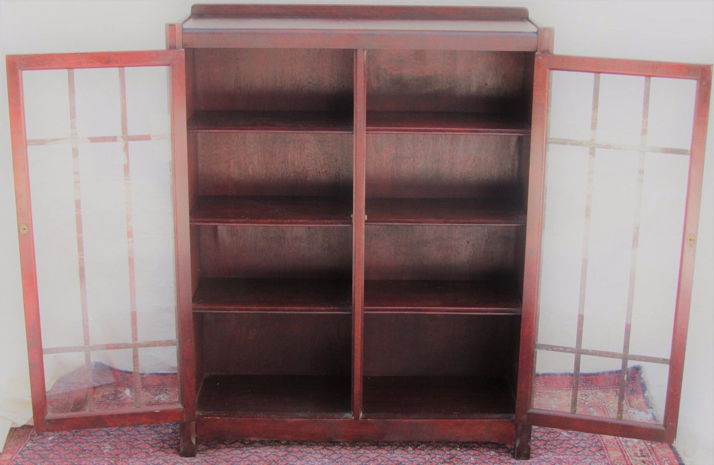 ARTS & CRAFTS DOUBLE GLASS DOOR BOOKCASE WITH LATTICE WORK DOORS