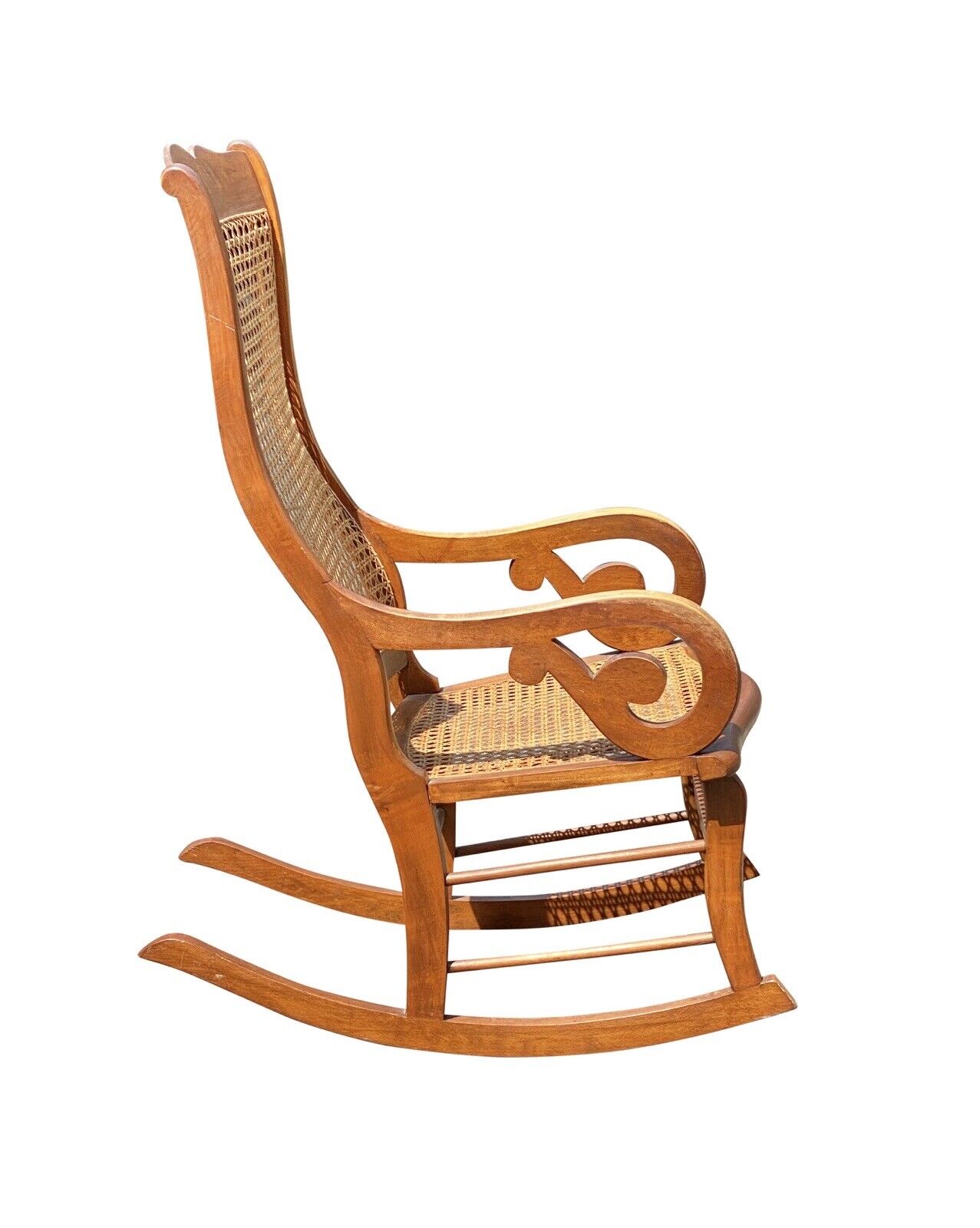 Antique Late 19th Century Tiger Maple Lincoln Rocking Chair With Whale Tail Arms