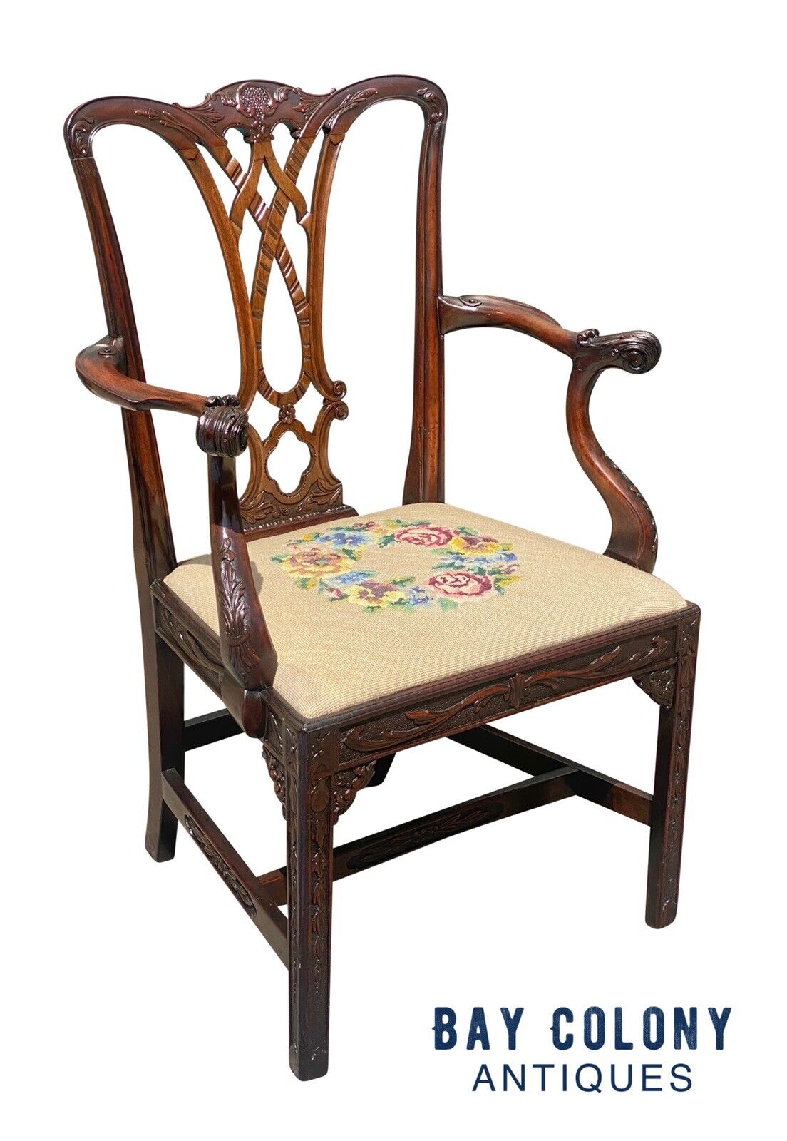 19th C Antique Chippendale Style Carved Mahogany Desk Chair W/ Needlepoint Seat