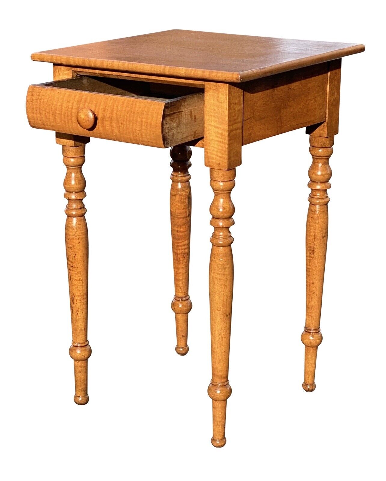 19th C Antique New England Sheraton Tiger Maple Single Drawer Stand / End Table