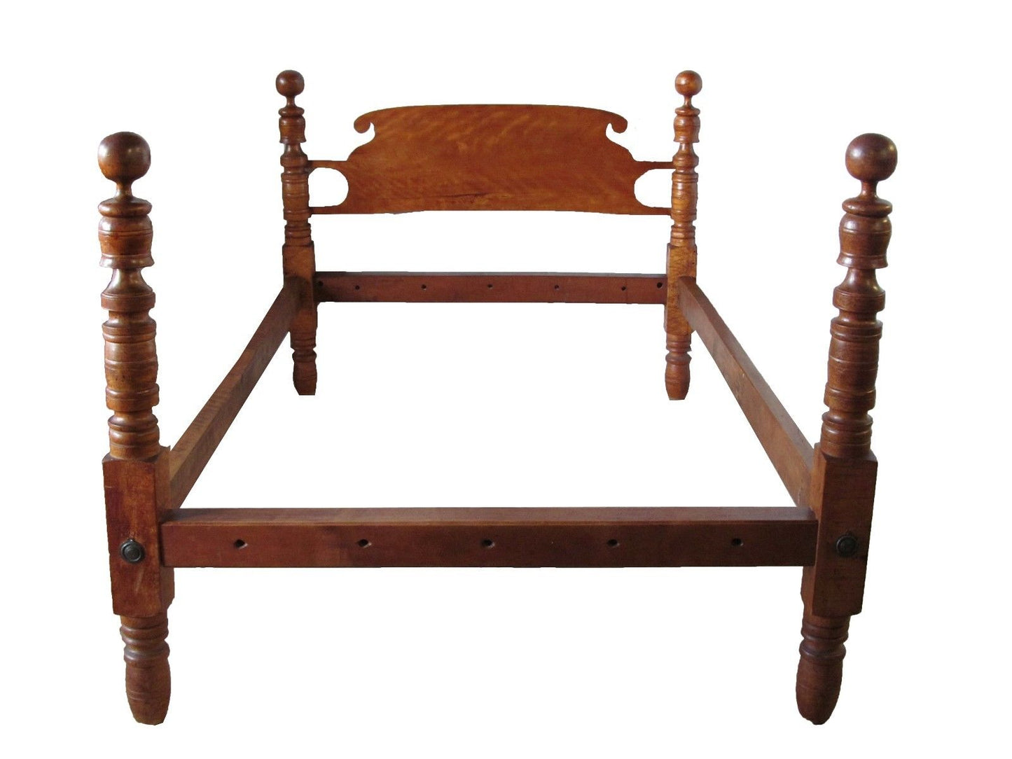 18TH CENTURY SOLID BIRDS EYE MAPLE & FLAME CHERRY 4 POSTER CANNONBALL BED