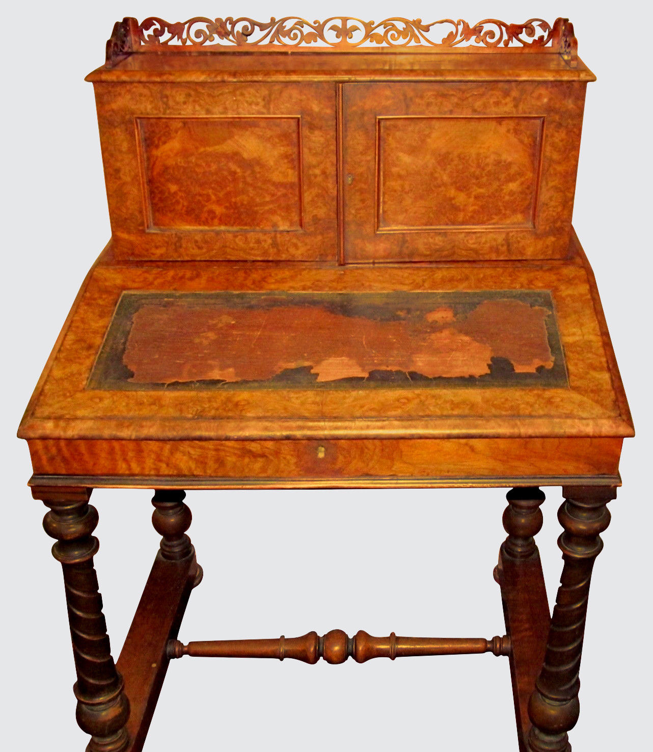 VICTORIAN BURLED WALNUT LADIES DESK W/ SHORT SECRETARY & PIERCED GALLERY