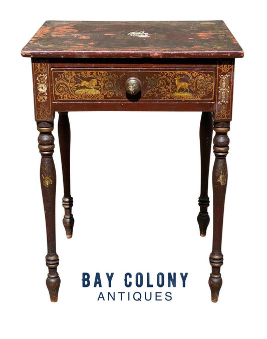 19th C Antique New England Sheraton Chinoiserie Painted Work Table / Nightstand