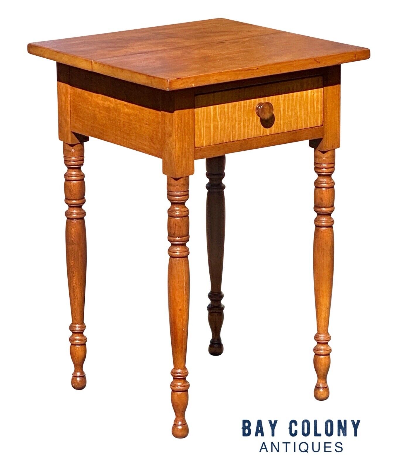 19th C Antique Sheraton Cherry & Tiger Maple Worktable / Nightstand