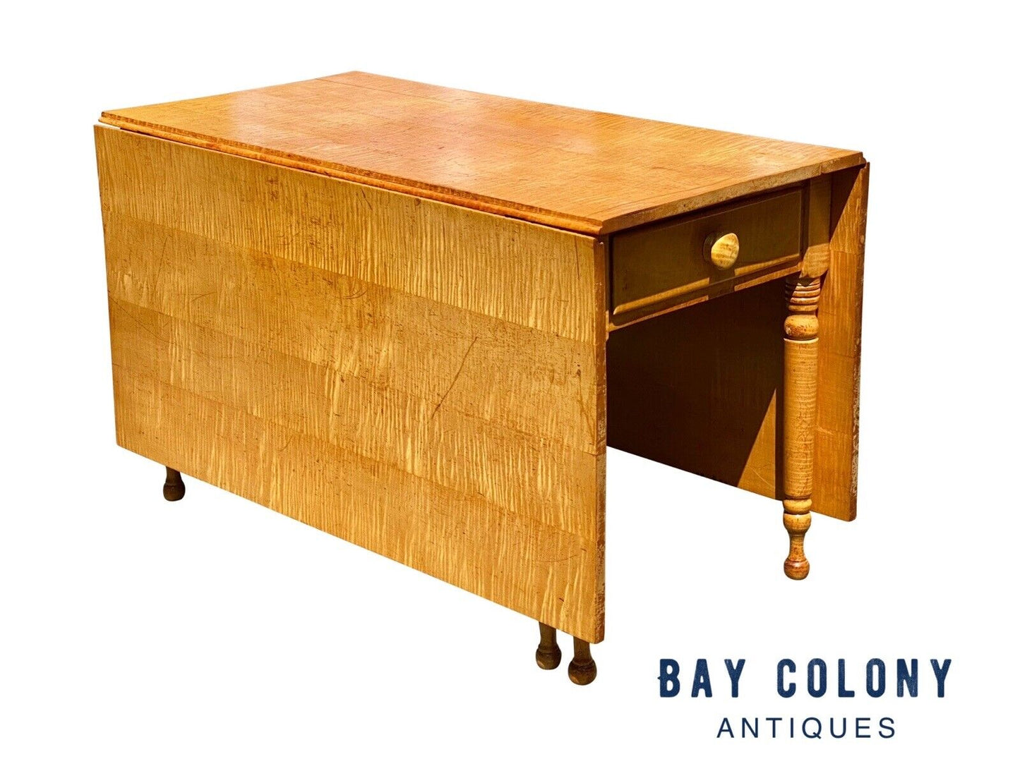 Federal Style Tiger Maple Gateleg Dining Table With Bold Grain and Large Drawer