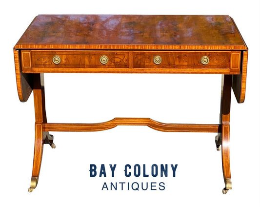 20TH C REGENCY ANTIQUE STYLE ELM & SATINWOOD DROP LEAF SOFA TABLE / DESK