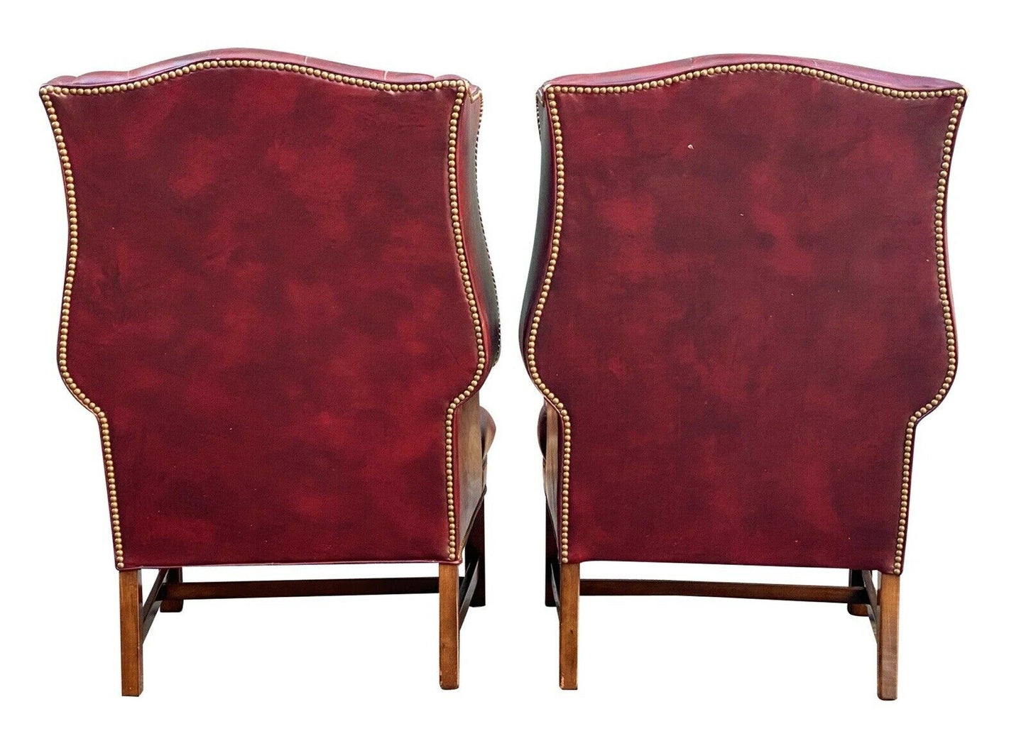 20th C Chippendale Antique Style Pair Of Tufted Red Leather Wing Back Arm Chairs