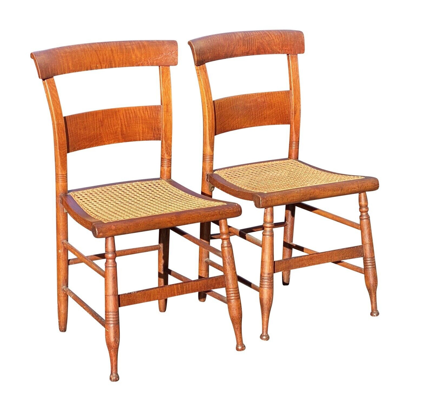 19th C Antique Pair of Tiger Maple Side Chairs With Cane Seats