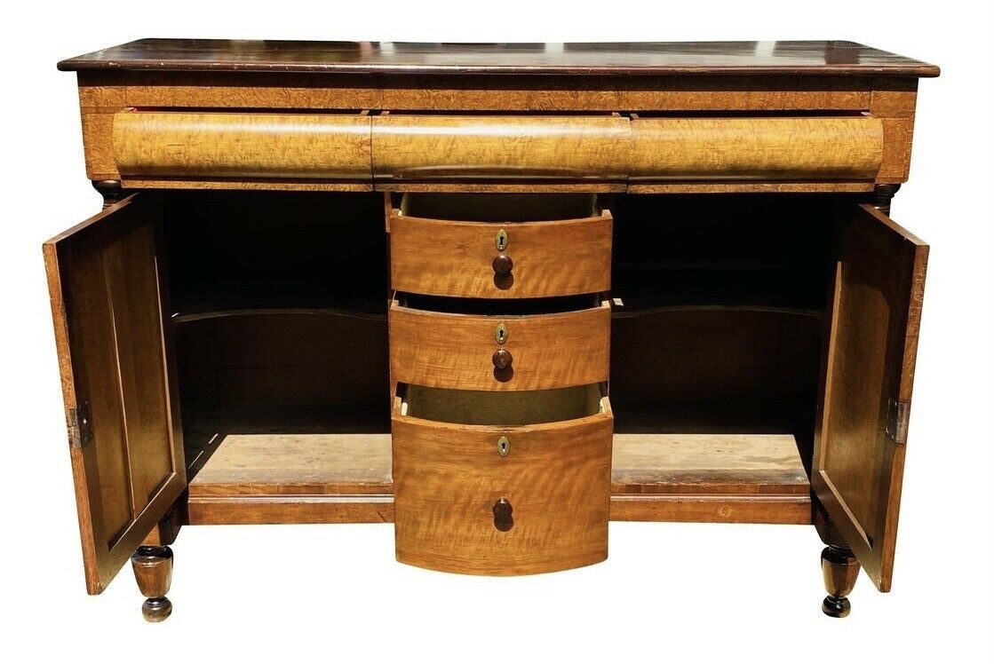 19TH C ANTIQUE SHERATON TIGER MAPLE & BIRDS EYE MAPLE SIDEBOARD / SERVER