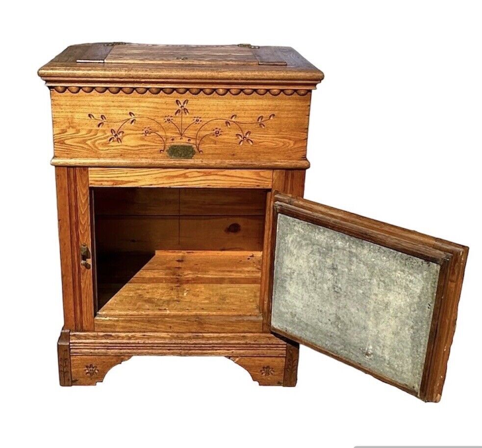 Victorian Oak Floral Carved Ice Chest With Zinc Lining & Phoenix Head Hardware