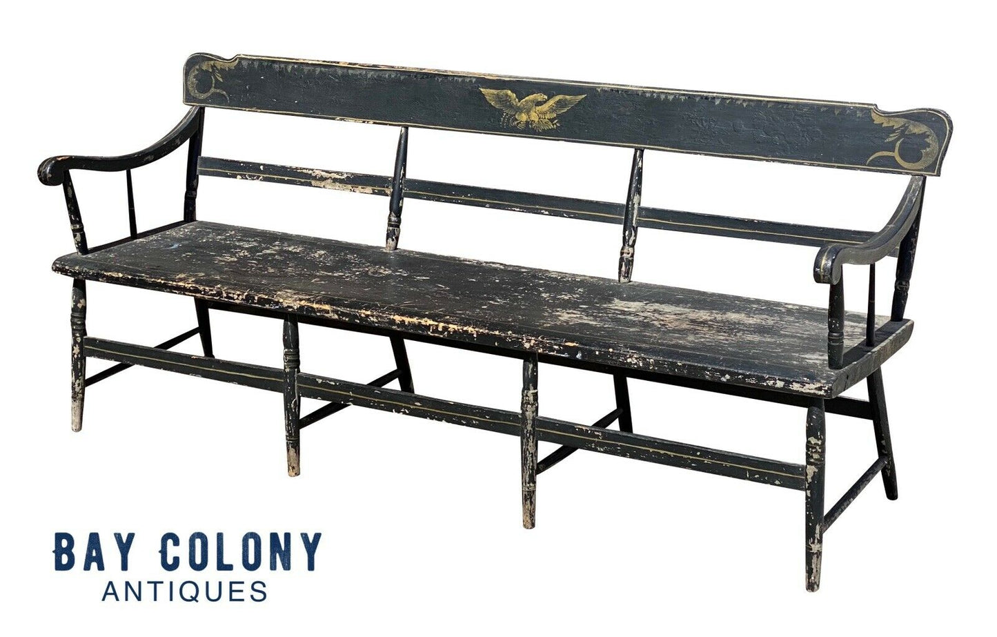 19th C Antique Black Painted Farmhouse / Deacons Bench - 6.5 Feet - Eagle Paint