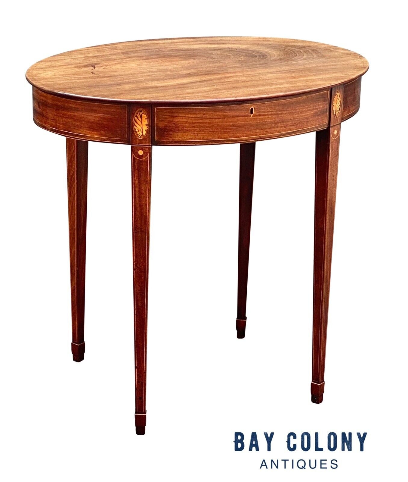 19th C Antique Federal Period Oval Mahogany Work Table - Conch Shell Inlay