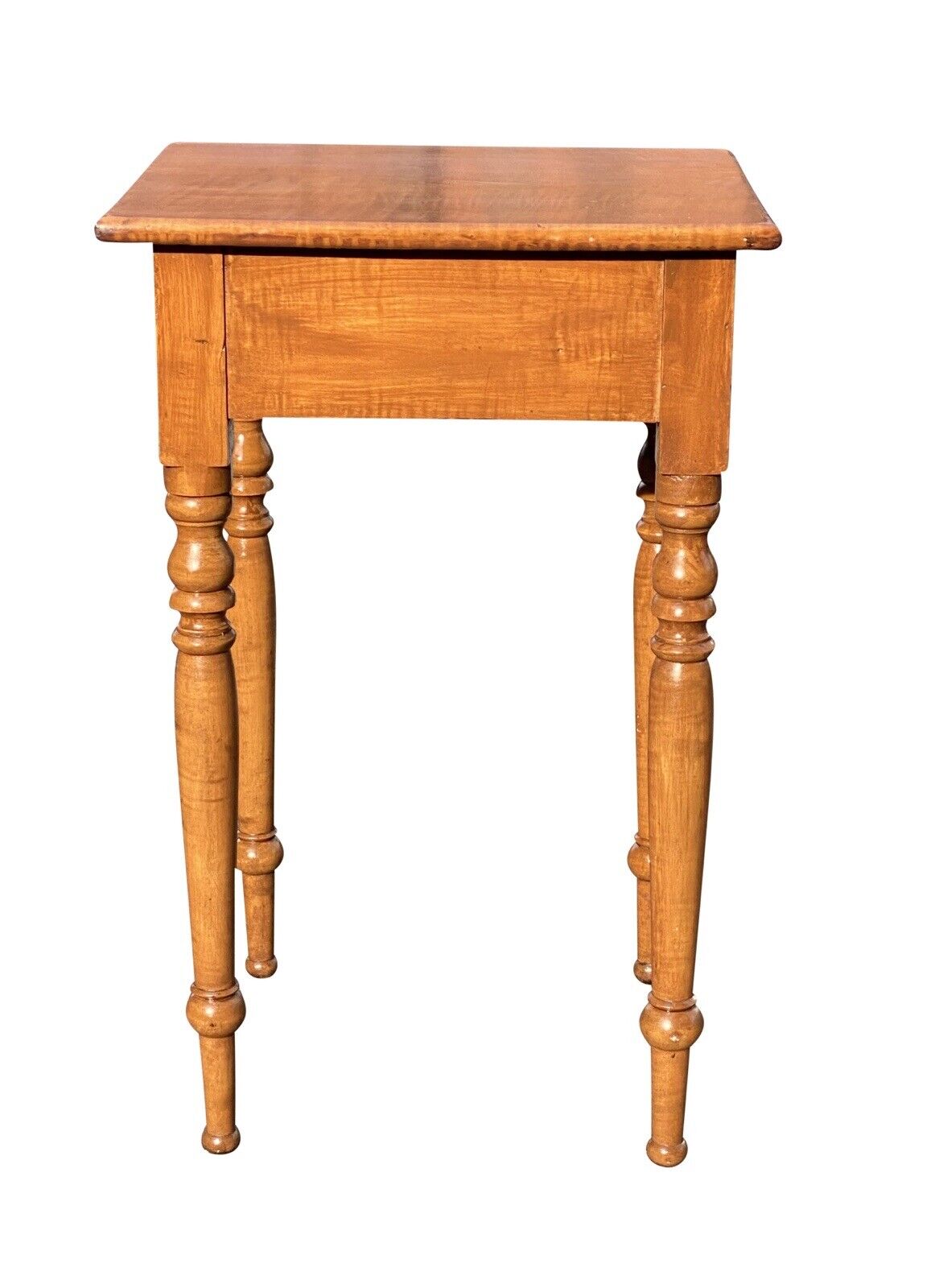 19th C Antique New England Sheraton Tiger Maple Single Drawer Stand / End Table
