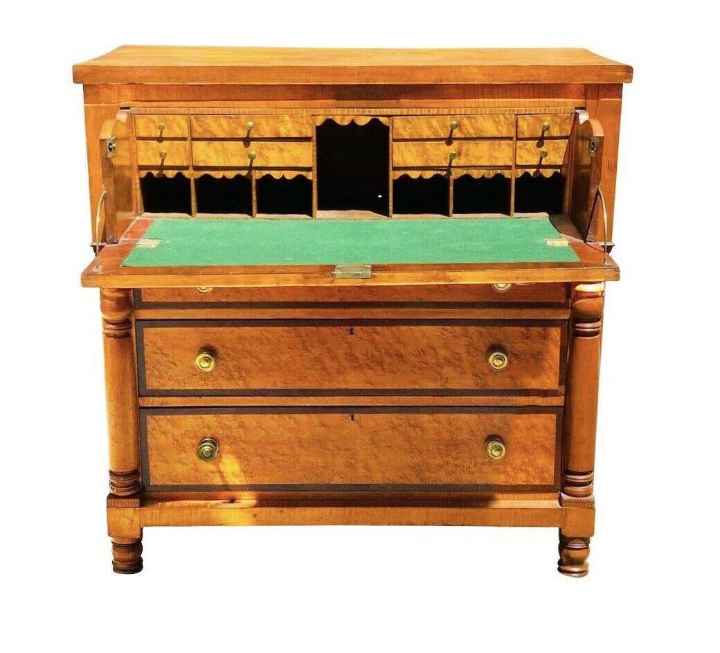 19TH C ANTIQUE FEDERAL PERIOD TIGER & BIRDS EYE MAPLE PENNSYLVANIA BUTLERS DESK