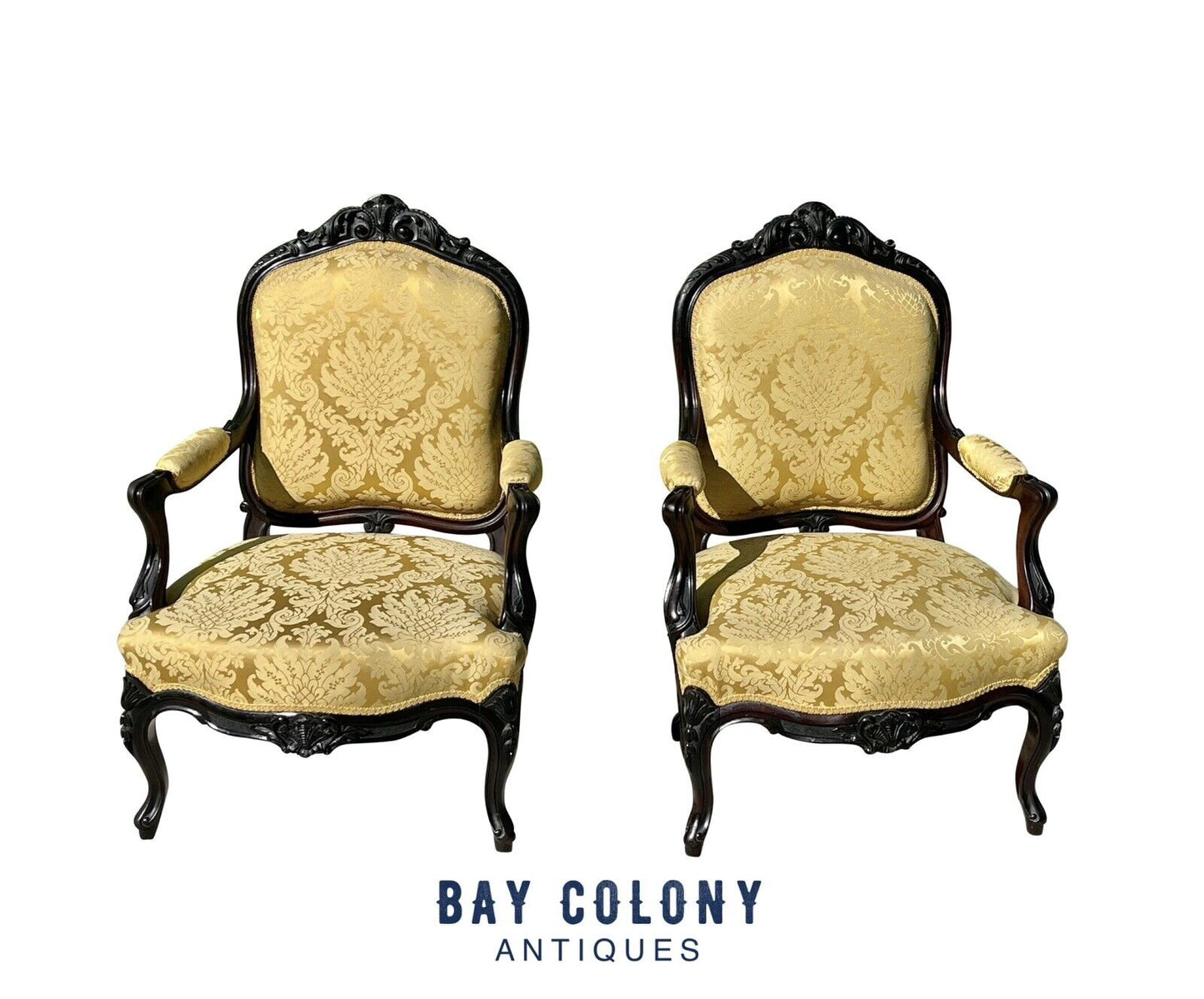 Pair of Louis Xiv Ebonized Rosewood Fauteuil a La Reine Arm Chairs in Satin Gold