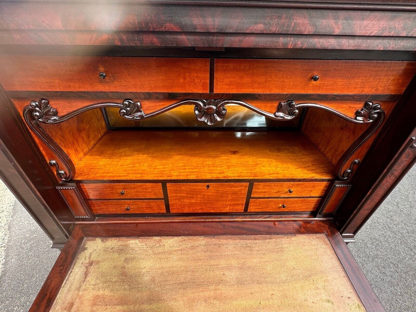 Antique Biedermeier Mahogany & Satinwood Secretary Abattant Desk With Marble Top