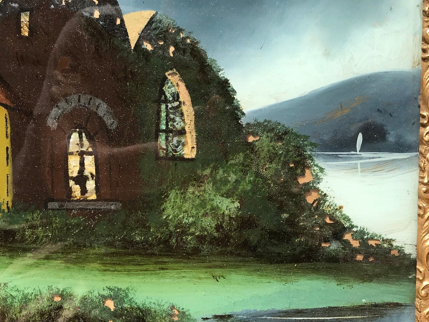 19TH C. NEW ENGLAND COTTAGE LANDSCAPE W/ MOTHER OF PEARL ILLUMINATED MOON