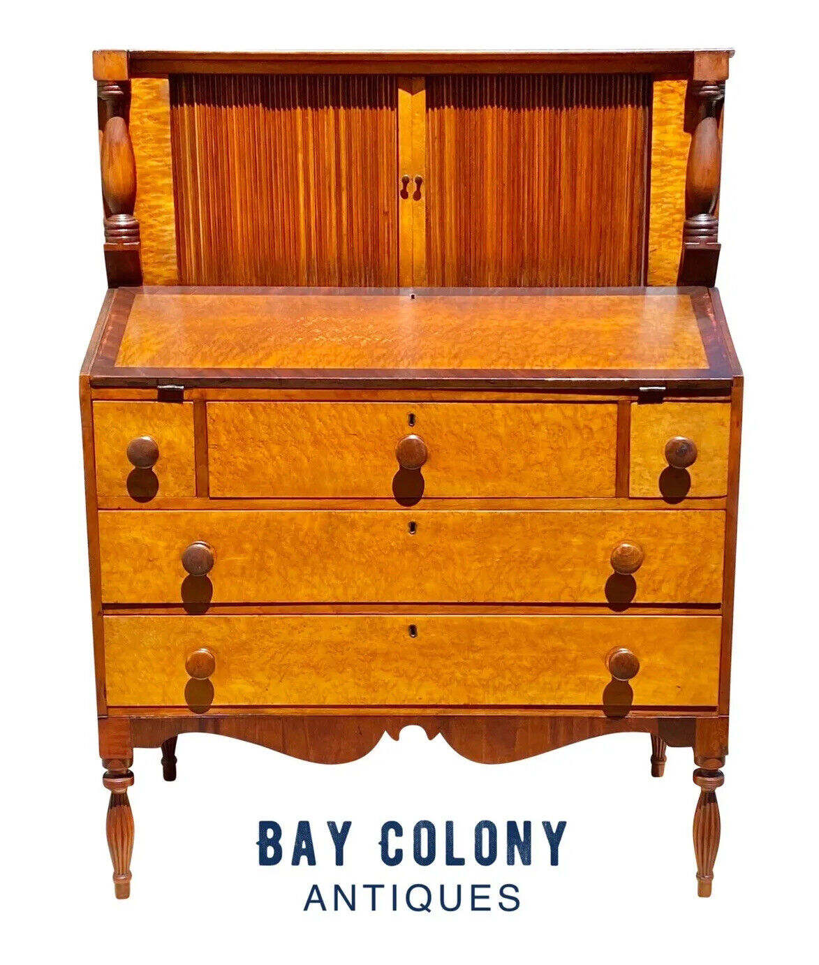 Antique Sheraton Birds Eye Maple & Cherry Vermont Tambour Secretary Desk