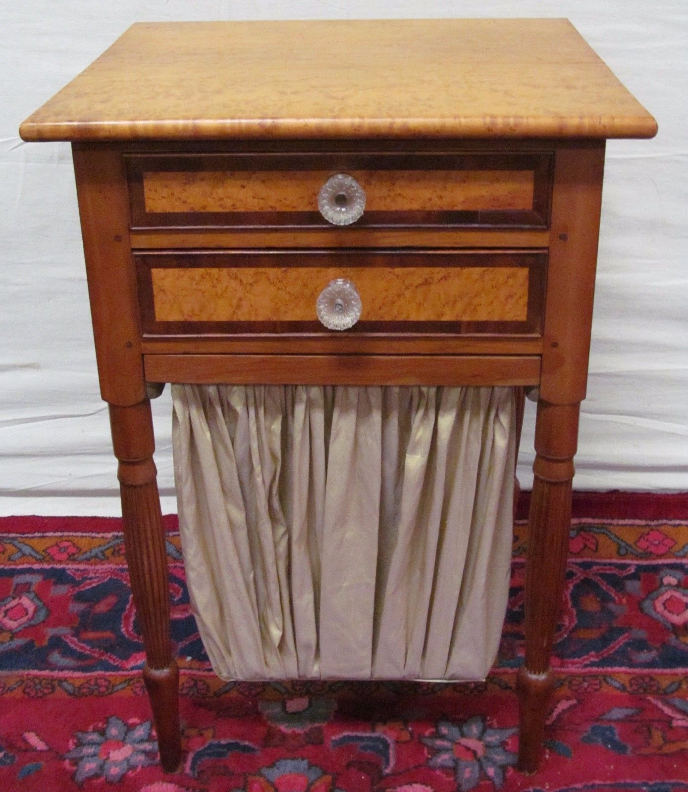 IMPORTANT FEDERAL PERIOD BIRDS EYE MAPLE SEWING TABLE W/ PLEATED FABRIC BAG-LOOK
