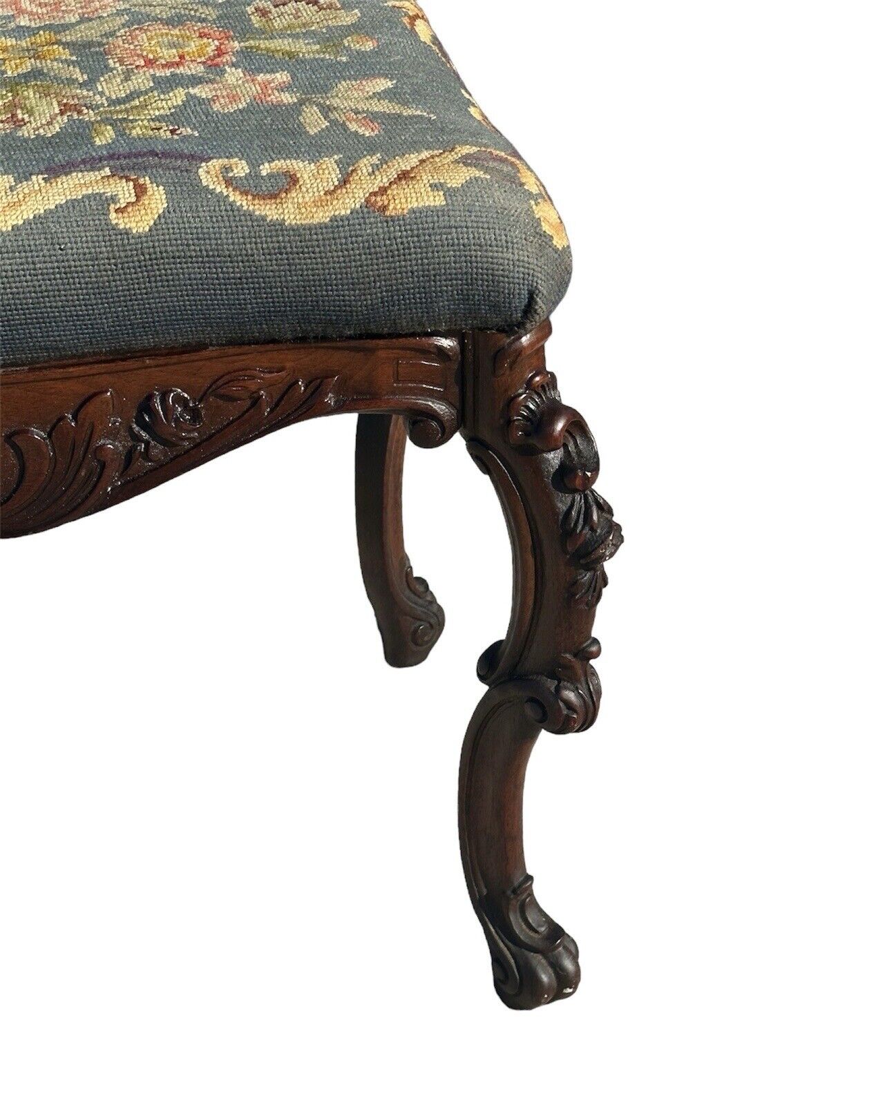 Antique French Louis XV Style Walnut Vanity Bench With Needlepoint Floral Basket