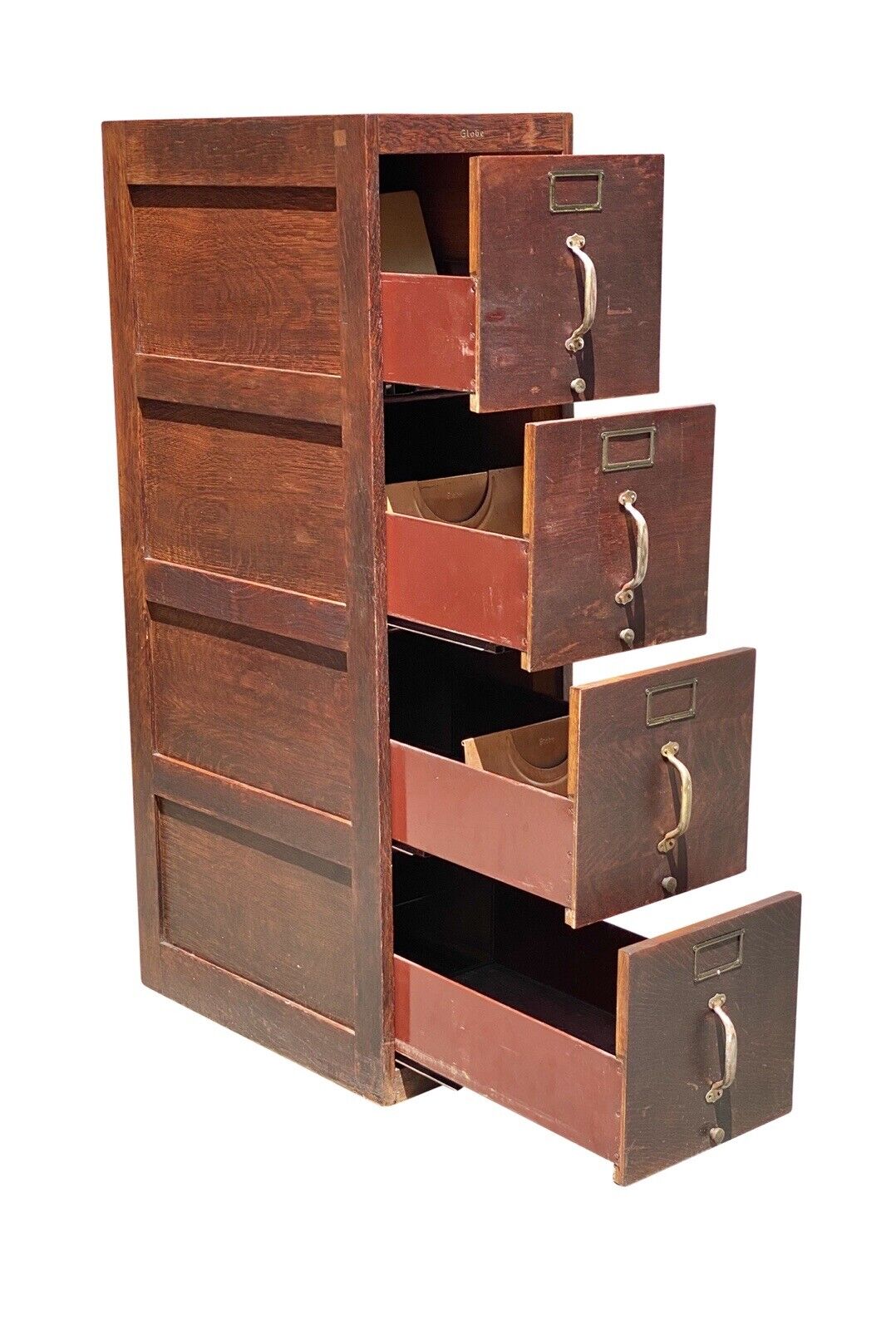 20th C Antique Arts & Crafts 4 Drawer Tiger Oak Globe Wood File Cabinet