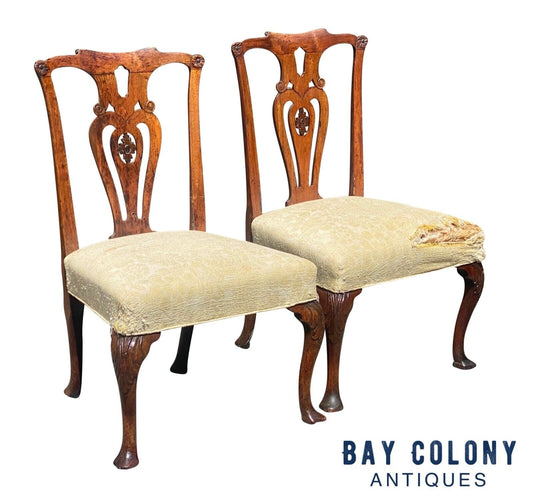 18th C Antique Pair of Irish Walnut Side Chairs W/ Carved Splat & Trifid Feet