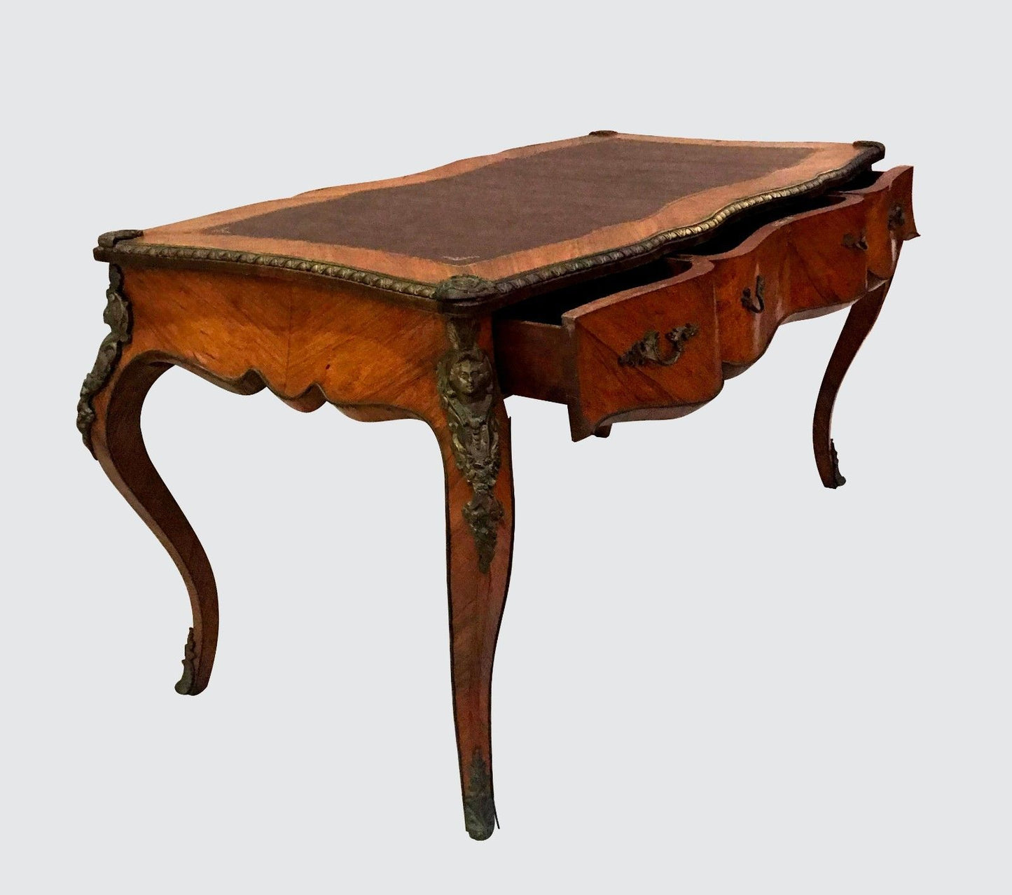 FRENCH LOUIS XV STYLED BUREAU PLAT LEATHER TOPPED WRITING DESK