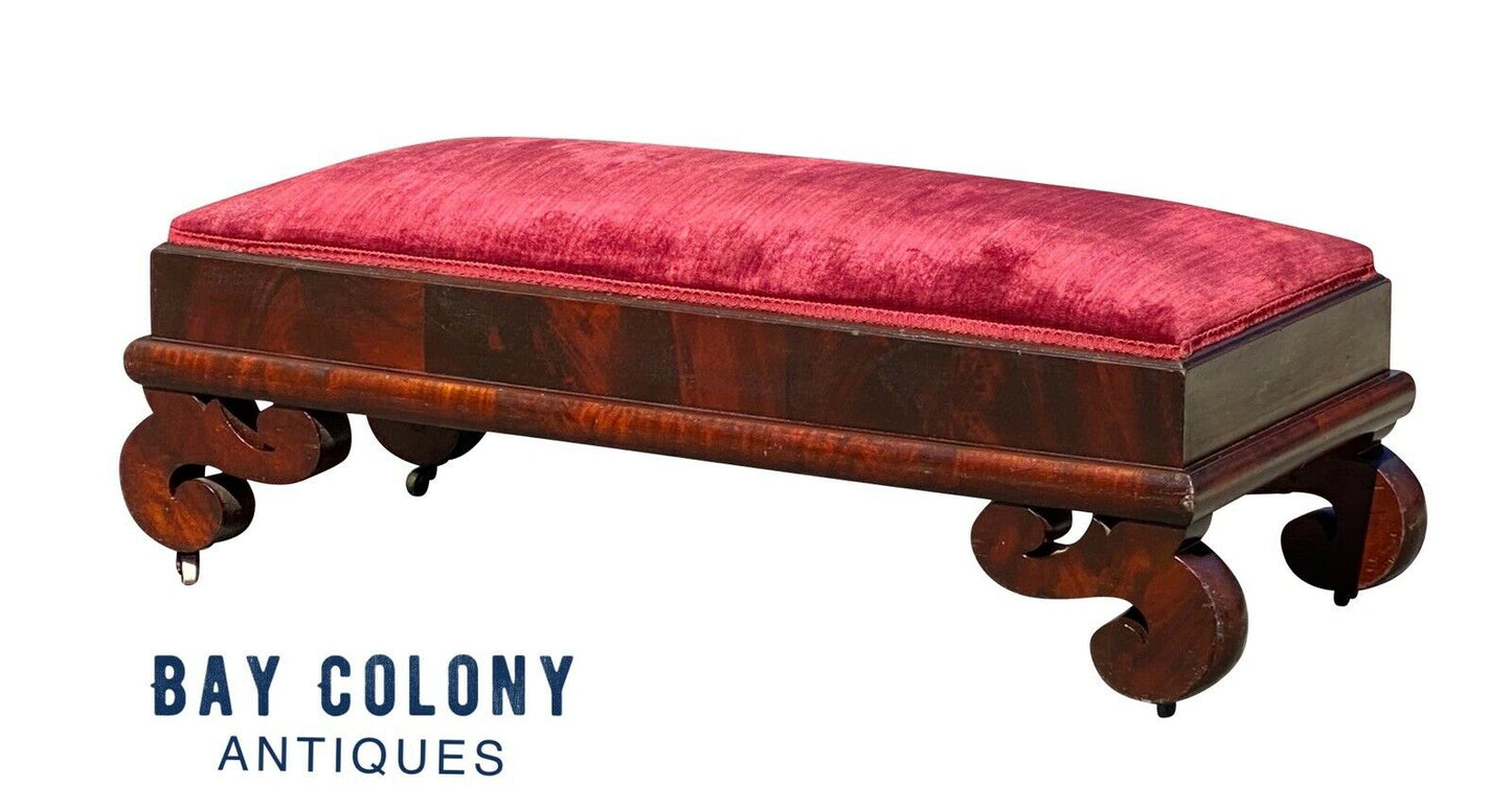 19th C Antique American Empire Mahogany Vanity Bench W/ Red Velvet Seat
