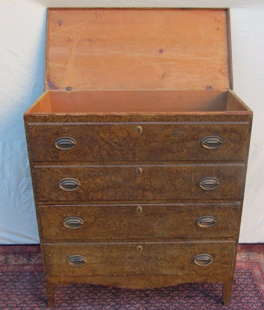 18TH C HEPPLEWHITE NEW ENGLAND SPONGE GRAIN PAINTED ANTIQUE BLANKET BOX / CHEST