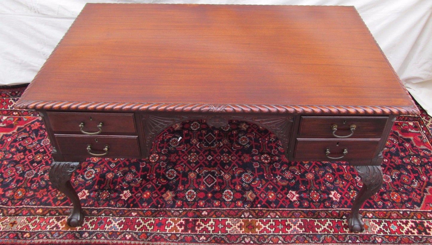 THE FINEST ANTIQUE SOLID MAHOGANY CHIPPENDALE PARTNERS DESK GRADOONED CARVED TOP