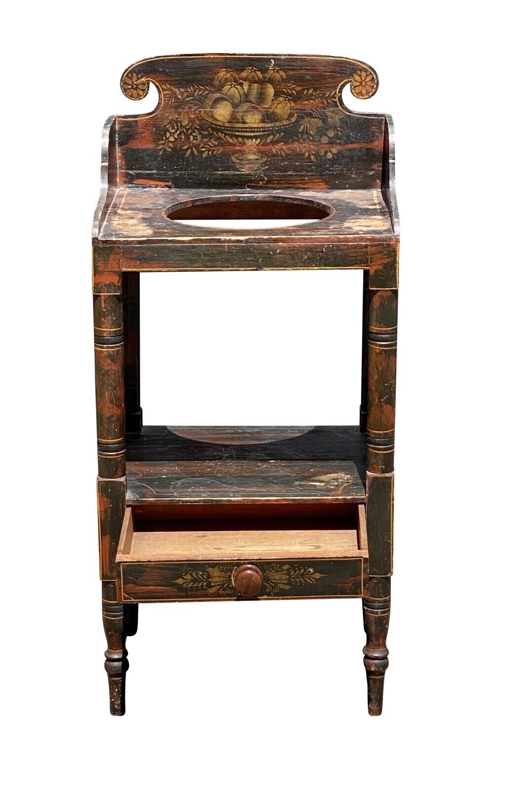 19th C Antique New England Sheraton Fancy Paint Wash Stand - Black & Red