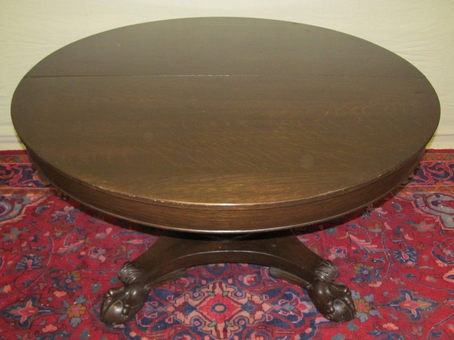 VICTORIAN SOLID TIGER OAK DINING TABLE ON PEDESTAL TALON LEG CARVED BASE