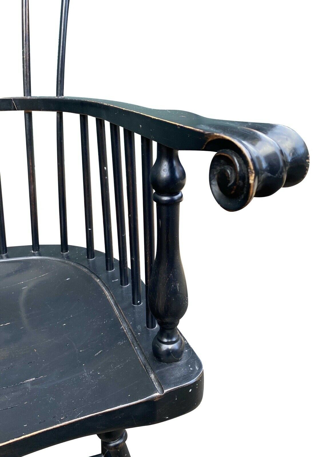 20th C Antique Style Pair of Windsor Comb Back Black Painted Arm Chairs