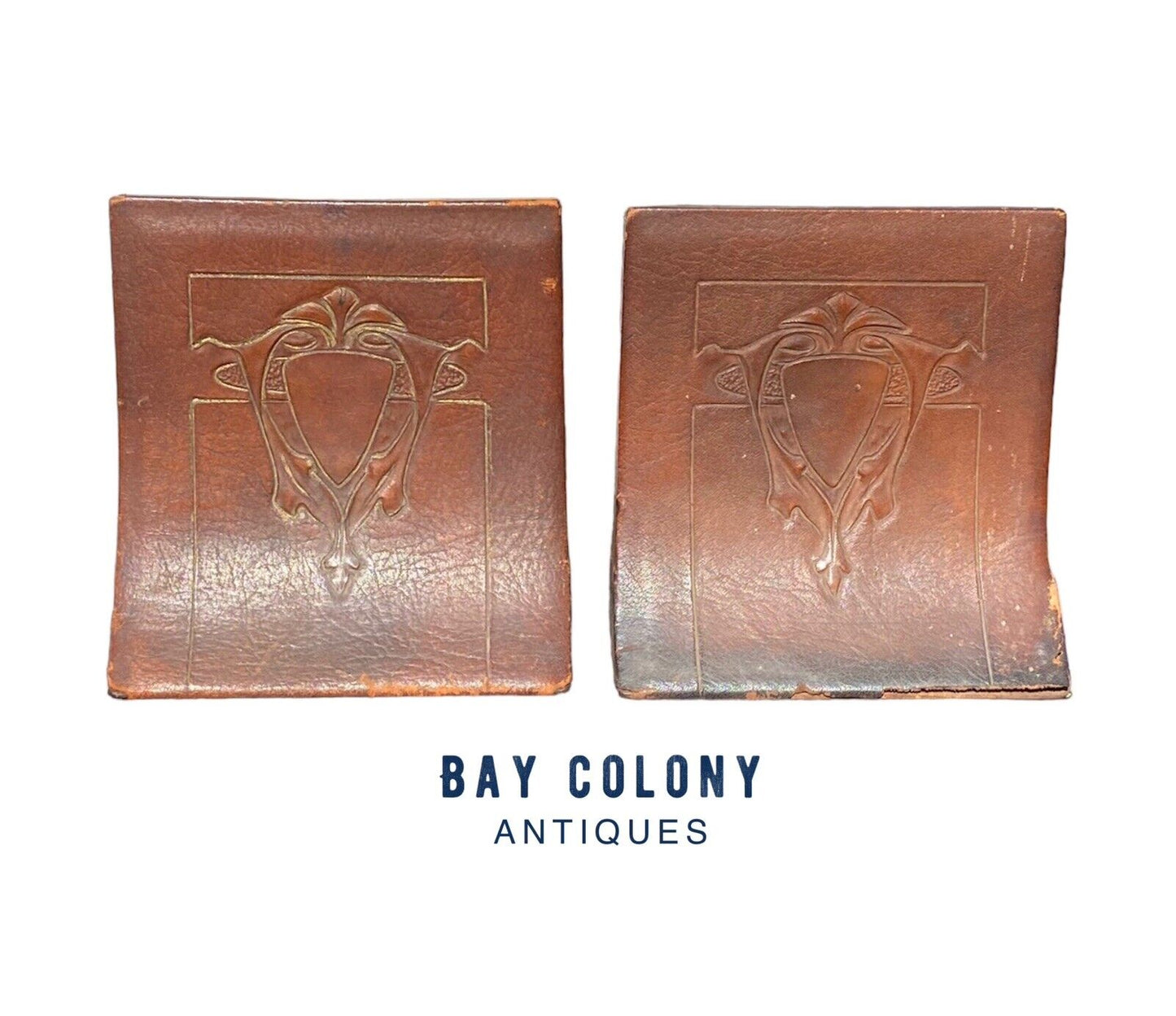Antique Arts & Crafts Leather Cordova Shop Bookends - Buffalo NY