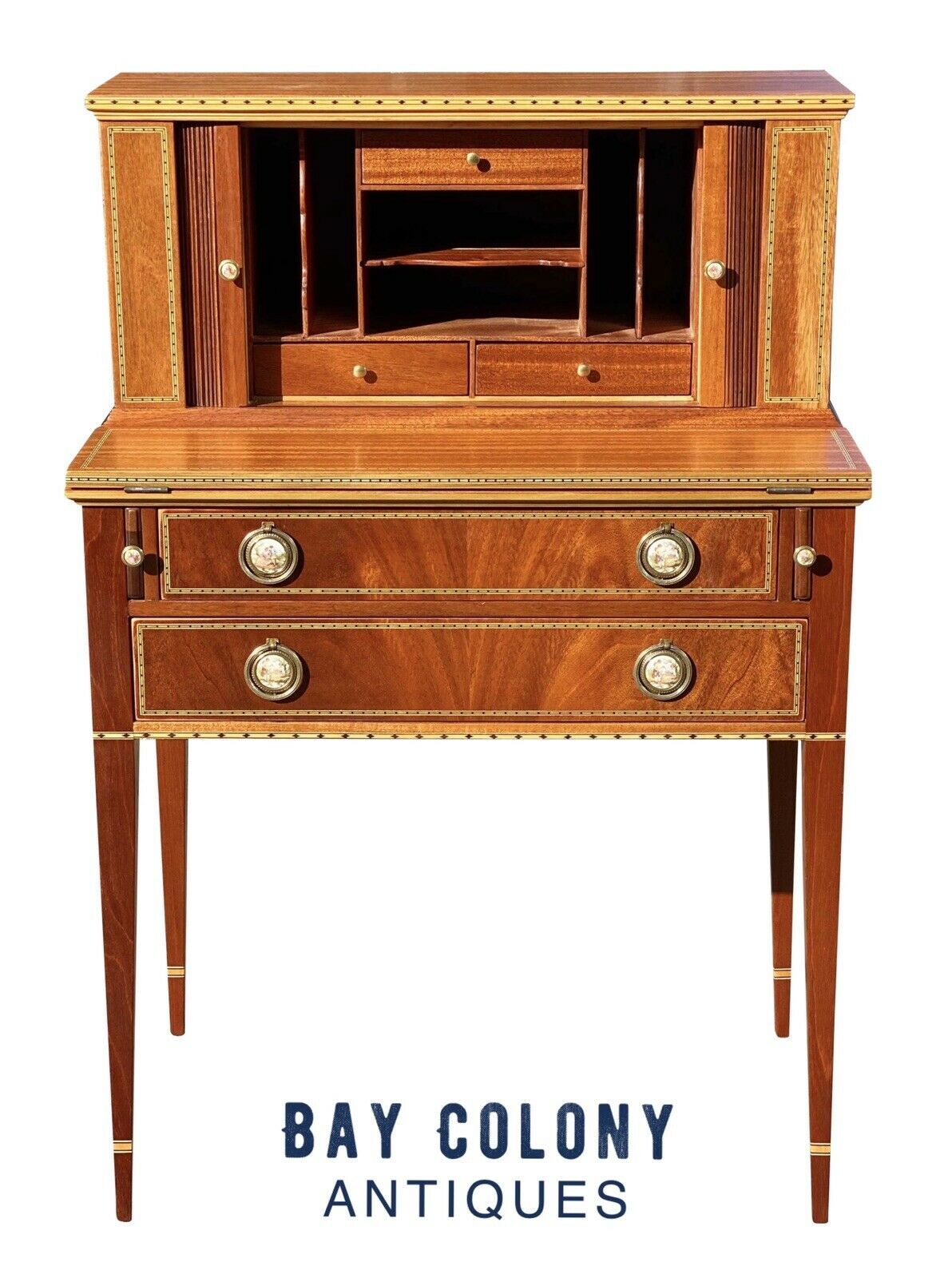 20th C Federal Antique Style Mahogany Tambour Ladies Secretary Desk