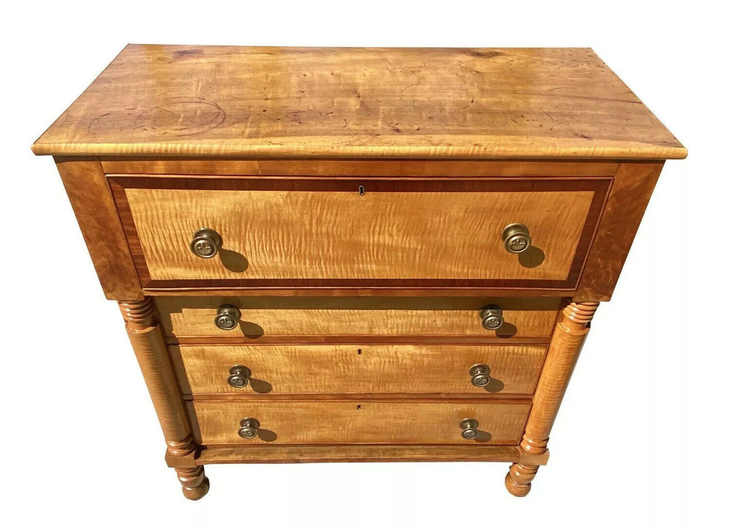 19th C Antique Pennsylvania Federal Cherry & Tiger Maple Butlers Desk / Chest