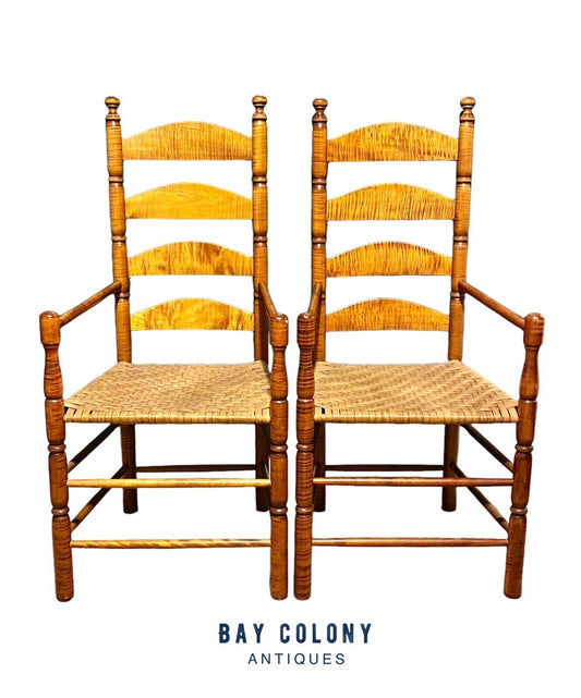 Vintage Pair of William & Mary Style Tiger Maple Ladder Back Armchairs