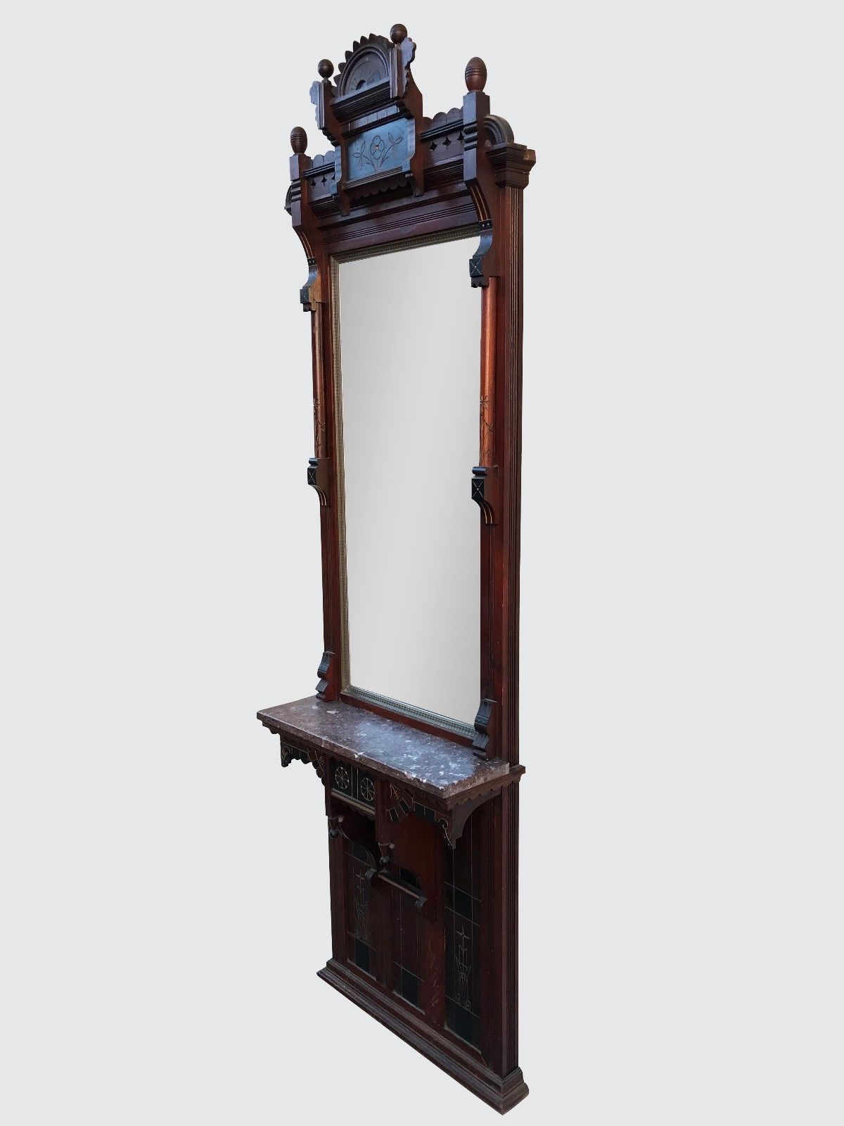 FINELY DECORATIVE VICTORIAN ASTHETIC REVIVAL PIER MIRROR WITH MARBLE SHELF