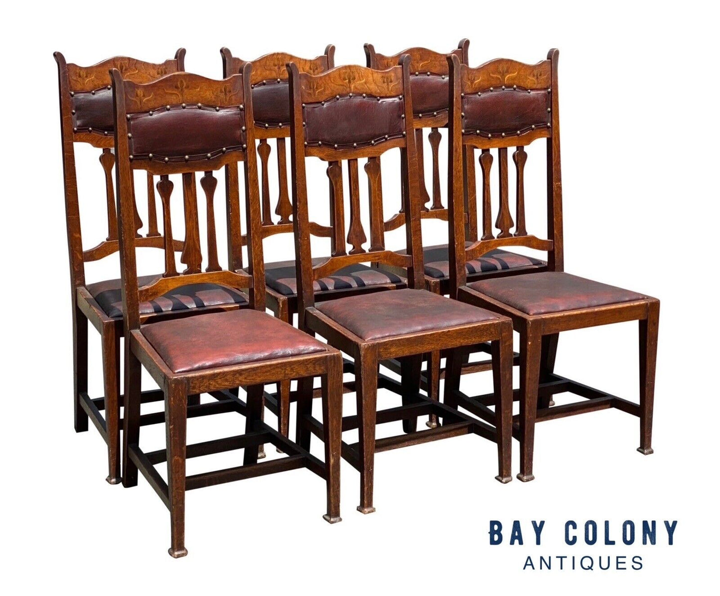 Set of Six Arts & Crafts Mission Oak Dining Chairs With Tulip Inlaid Crest Rails