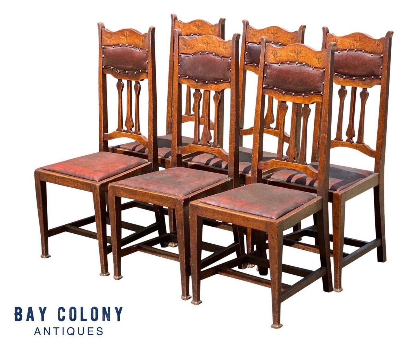 Set of Six Arts & Crafts Mission Oak Dining Chairs With Tulip Inlaid Crest Rails