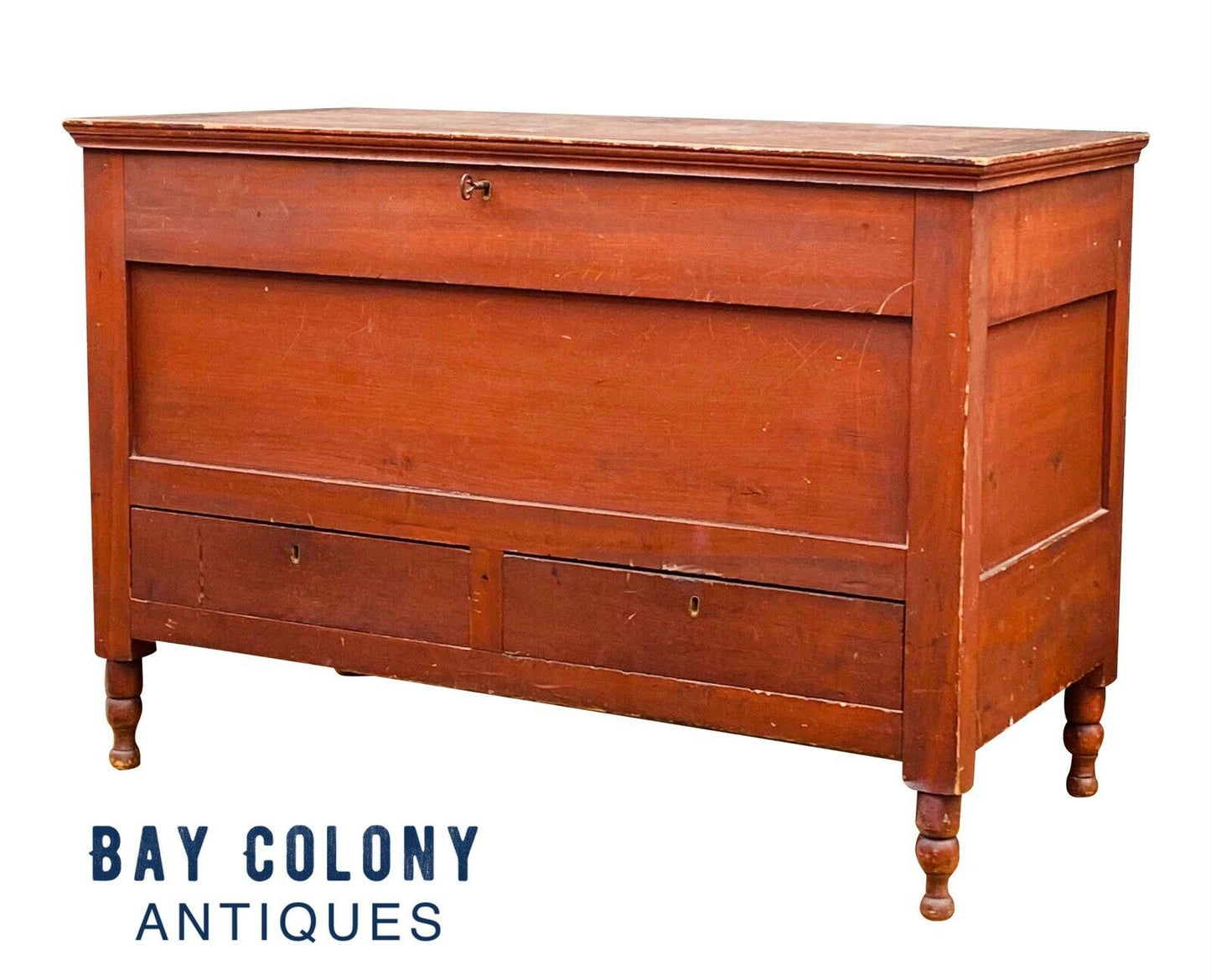 19th C Antique Federal Period Red Wash Blanket Box With 2 Drawers