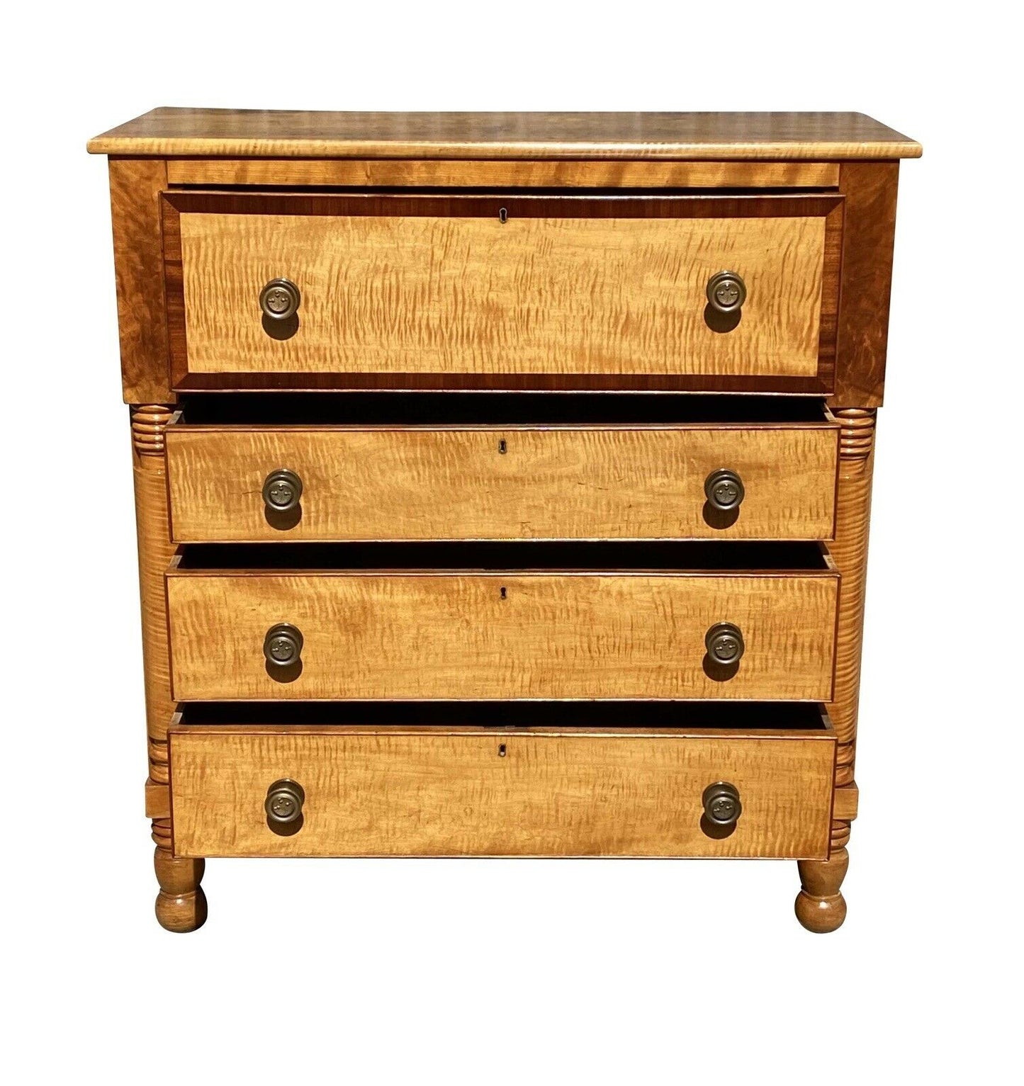 19th C Antique Pennsylvania Federal Cherry & Tiger Maple Butlers Desk / Chest